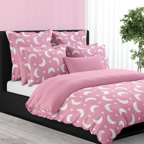 Pink Crescent Moon And Stars Celestial Duvet Cover