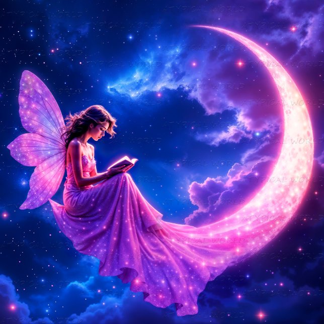 Pink crescent moon fairy tale starry sky art framed art (Creator Uploaded)