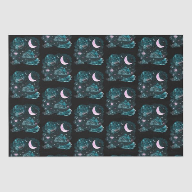 Pink Crescent Moon Stars Celestial Black Halloween Tissue Paper (Front)
