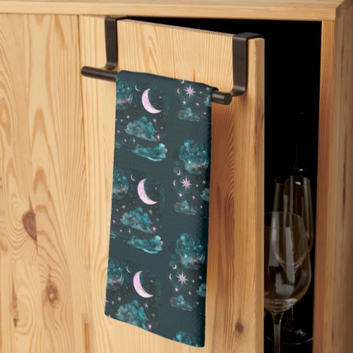 Pink Crescent Moon Stars Celestial Blue Halloween Kitchen Towel