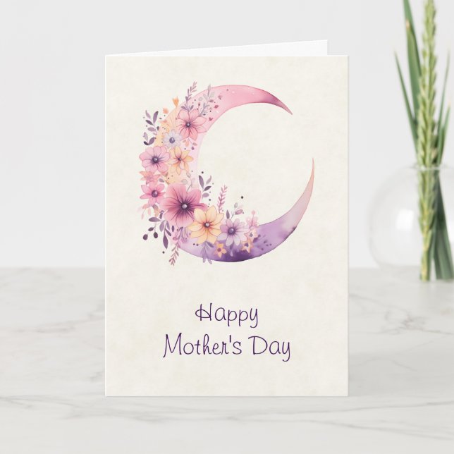 Pink Crescent Moon with Flowers Mother's Day Holiday Card (Front)