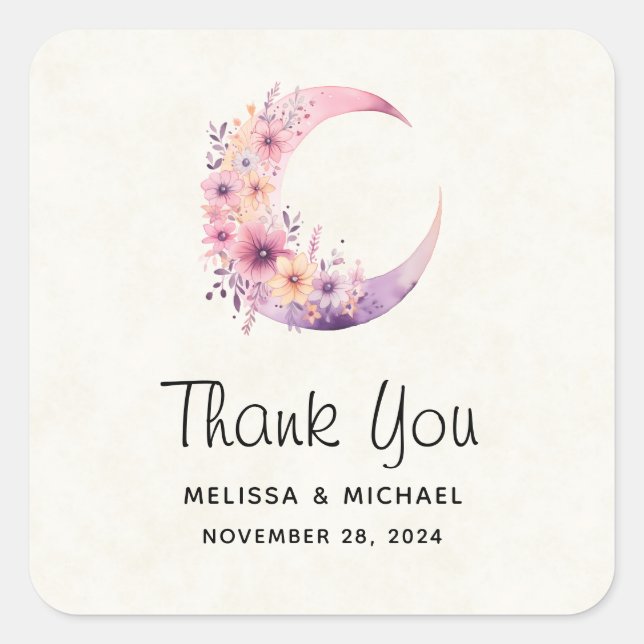 Pink Crescent Moon with Flowers Wedding Thank You Square Sticker (Front)