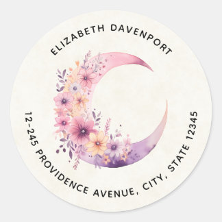 Pink Crescent Moon with Pretty Flowers Address Classic Round Sticker