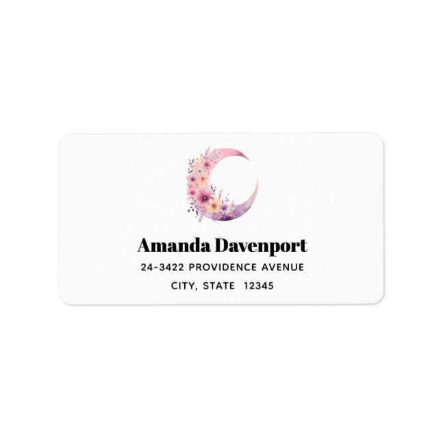 Pink Crescent Moon with Pretty Flowers Address Label (Front)