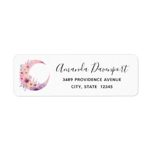 Pink Crescent Moon with Pretty Flowers Address Label