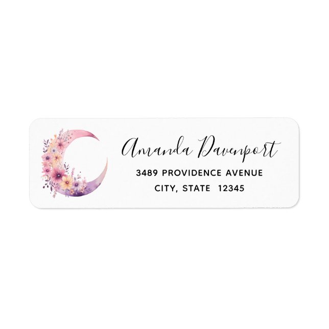 Pink Crescent Moon with Pretty Flowers Address Label (Front)