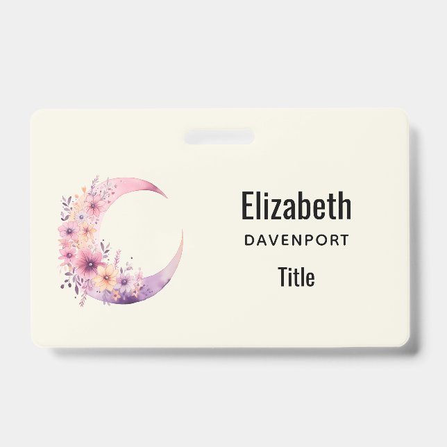 Pink Crescent Moon with Pretty Flowers Badge (Front)