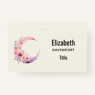 Pink Crescent Moon with Pretty Flowers Badge