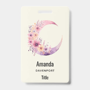 Pink Crescent Moon with Pretty Flowers Badge