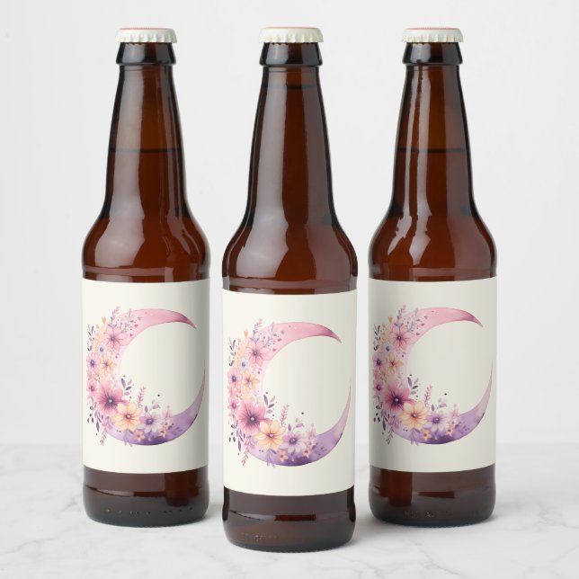 Pink Crescent Moon with Pretty Flowers Beer Bottle Label (Bottles)