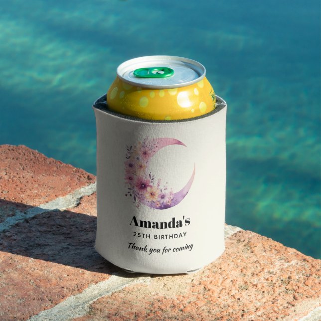 Pink Crescent Moon with Pretty Flowers Birthday Can Cooler (In Situ Pool)