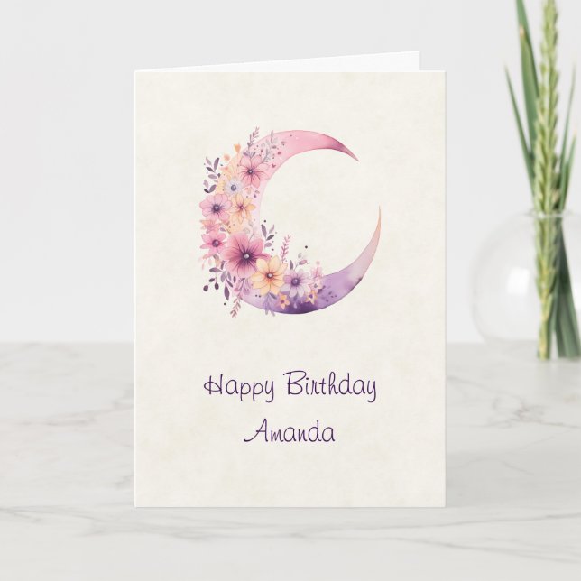 Pink Crescent Moon with Pretty Flowers Birthday Card (Front)