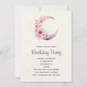 Pink Crescent Moon with Pretty Flowers Birthday Invitation