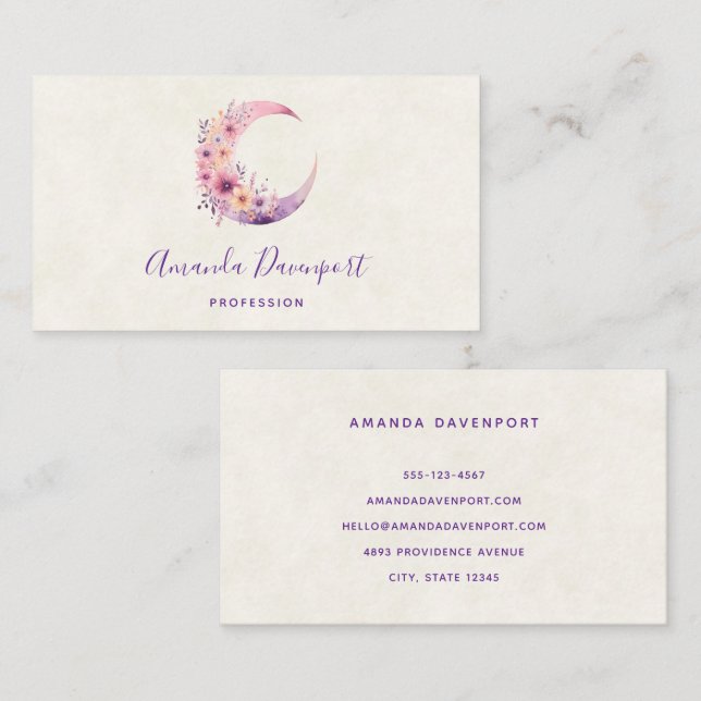 Pink Crescent Moon with Pretty Flowers Business Card (Front/Back)