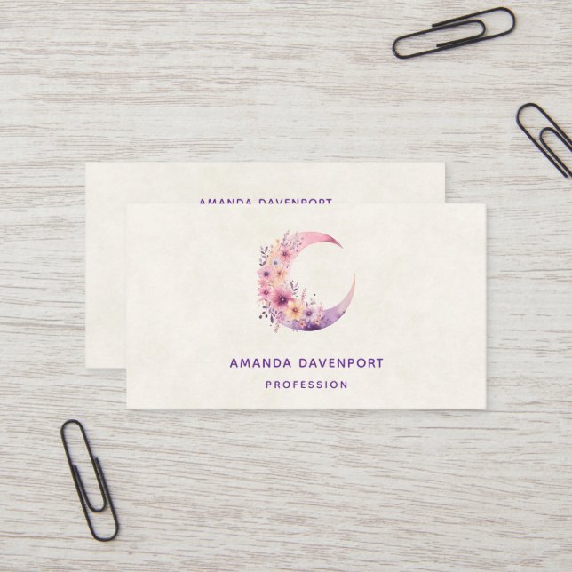Pink Crescent Moon with Pretty Flowers Business Card (Front/Back In Situ)
