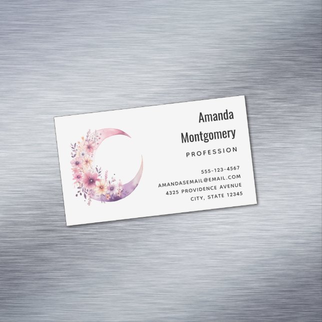 Pink Crescent Moon with Pretty Flowers Business Card Magnet (In Situ)
