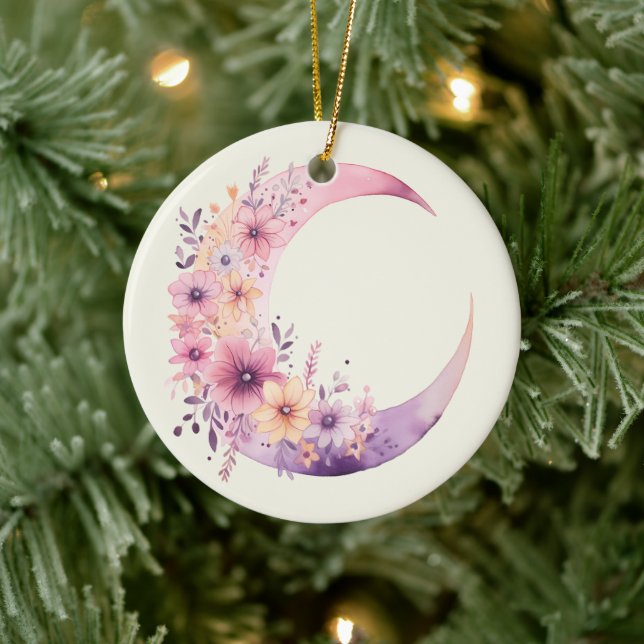 Pink Crescent Moon with Pretty Flowers Ceramic Ornament (Tree)