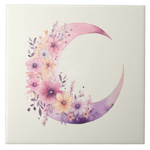 Pink Crescent Moon with Pretty Flowers Ceramic Tile
