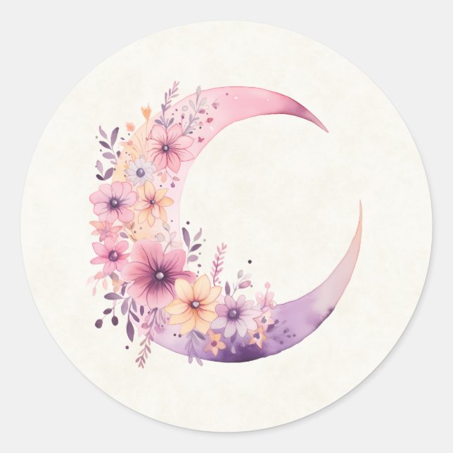 Pink Crescent Moon with Pretty Flowers Classic Round Sticker (Front)