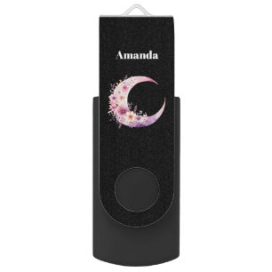 Pink Crescent Moon with Pretty Flowers Flash Drive