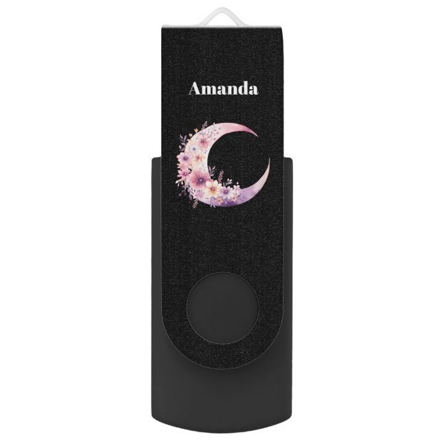Pink Crescent Moon with Pretty Flowers Flash Drive (Front Vertical)