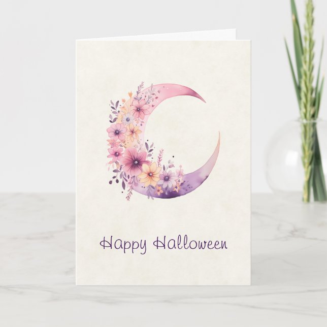 Pink Crescent Moon with Pretty Flowers Holiday Card (Front)