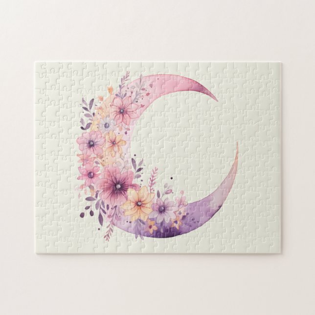 Pink Crescent Moon with Pretty Flowers Jigsaw Puzzle (Horizontal)