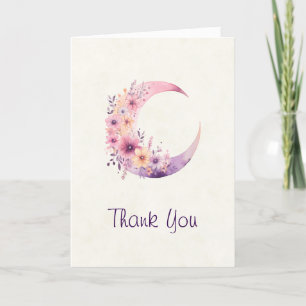 Pink Crescent Moon with Pretty Flowers Letterpress Thank You Card