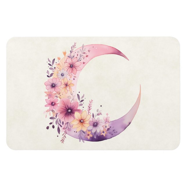 Pink Crescent Moon with Pretty Flowers Magnet (Horizontal)