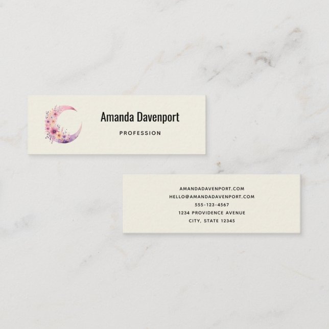 Pink Crescent Moon with Pretty Flowers Mini Business Card (Front/Back)