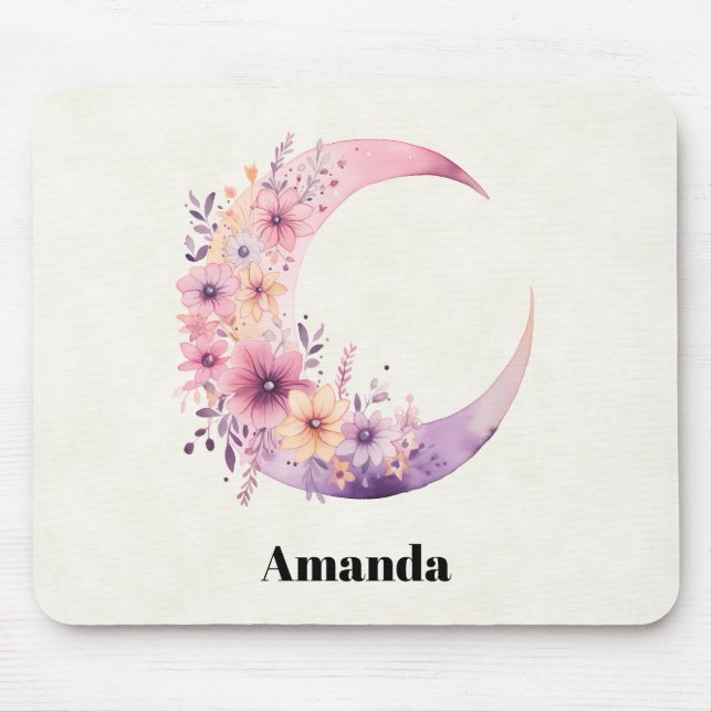 Pink Crescent Moon with Pretty Flowers Mouse Pad (Front)