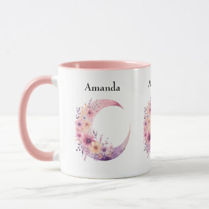 Pink Crescent Moon with Pretty Flowers Mug