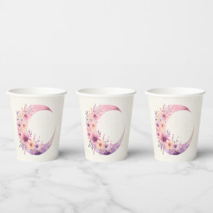Pink Crescent Moon with Pretty Flowers Paper Cups