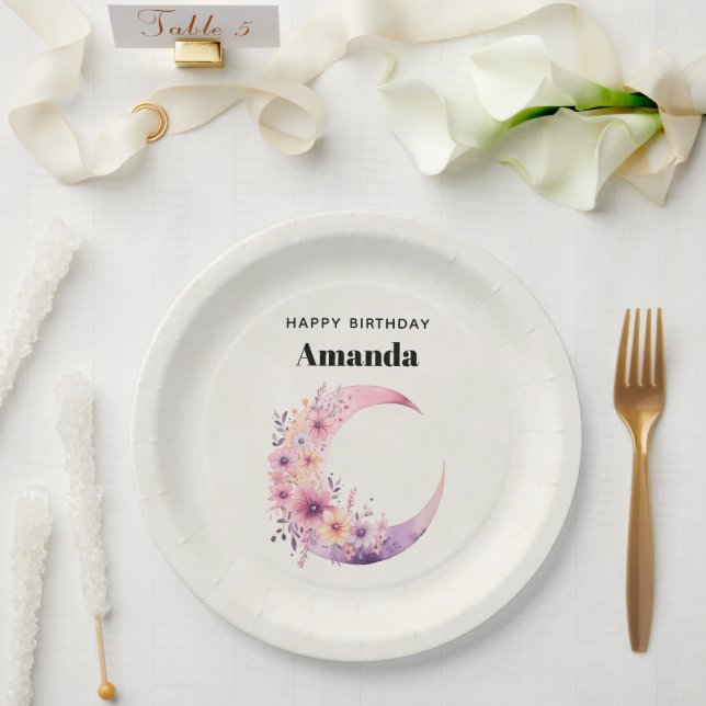 Pink Crescent Moon with Pretty Flowers Paper Plates (Wedding)