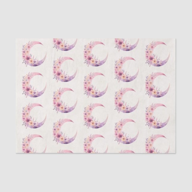 Pink Crescent Moon with Pretty Flowers Pattern Tissue Paper (Front)