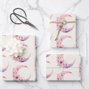 Pink Crescent Moon with Pretty Flowers Pattern Wrapping Paper Sheets