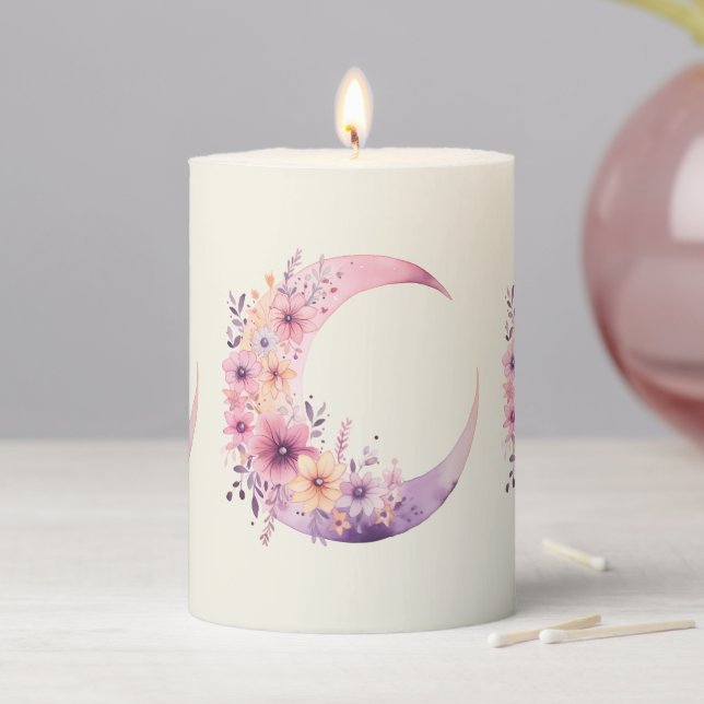 Pink Crescent Moon with Pretty Flowers Pillar Candle (In Situ)