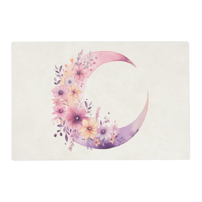 Pink Crescent Moon with Pretty Flowers Placemat (Front)