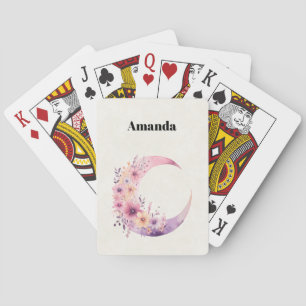 Pink Crescent Moon with Pretty Flowers Poker Cards