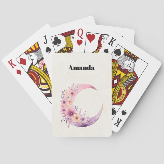 Pink Crescent Moon with Pretty Flowers Poker Cards (Back)