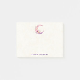 Pink Crescent Moon with Pretty Flowers Post-it Notes