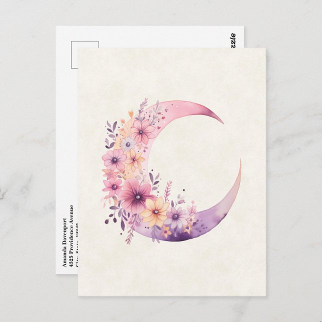 Pink Crescent Moon with Pretty Flowers Postcard (Front/Back)