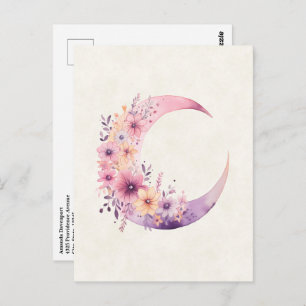 Pink Crescent Moon with Pretty Flowers Postcard