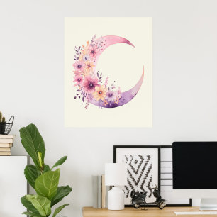 Pink Crescent Moon with Pretty Flowers Poster