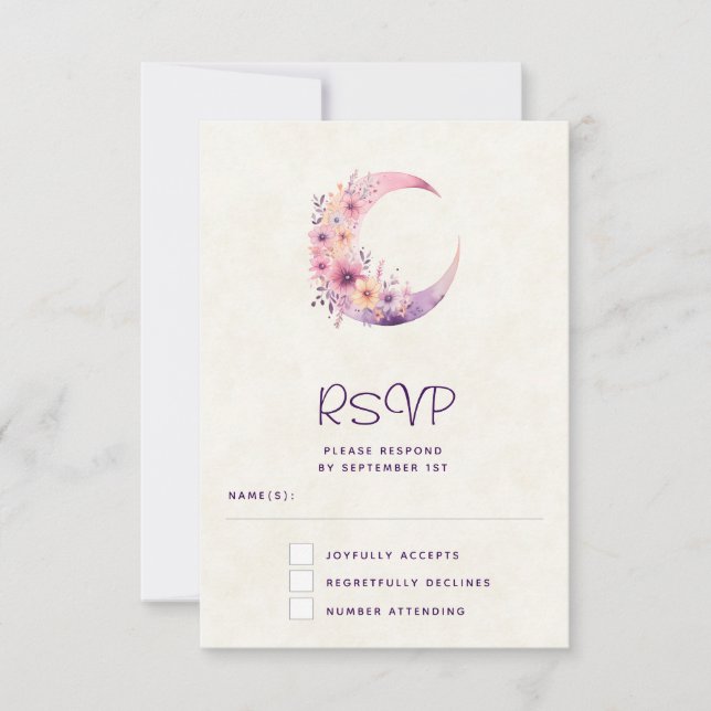 Pink Crescent Moon with Pretty Flowers RSVP Card (Front)