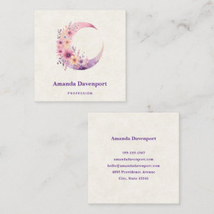 Pink Crescent Moon with Pretty Flowers Square Business Card