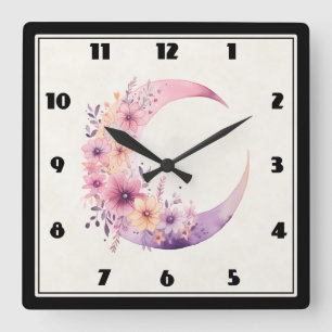 Pink Crescent Moon with Pretty Flowers Square Wall Clock