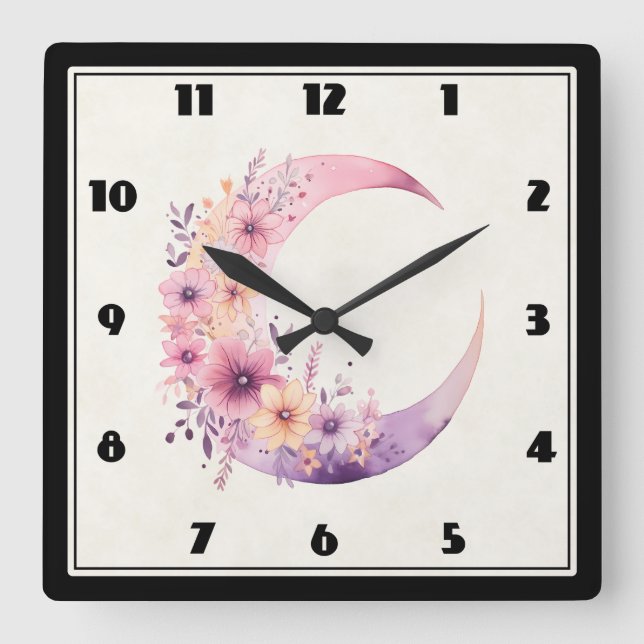 Pink Crescent Moon with Pretty Flowers Square Wall Clock (Front)