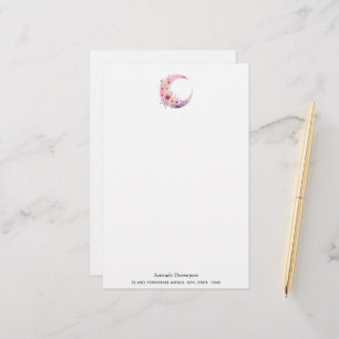 Pink Crescent Moon with Pretty Flowers Stationery