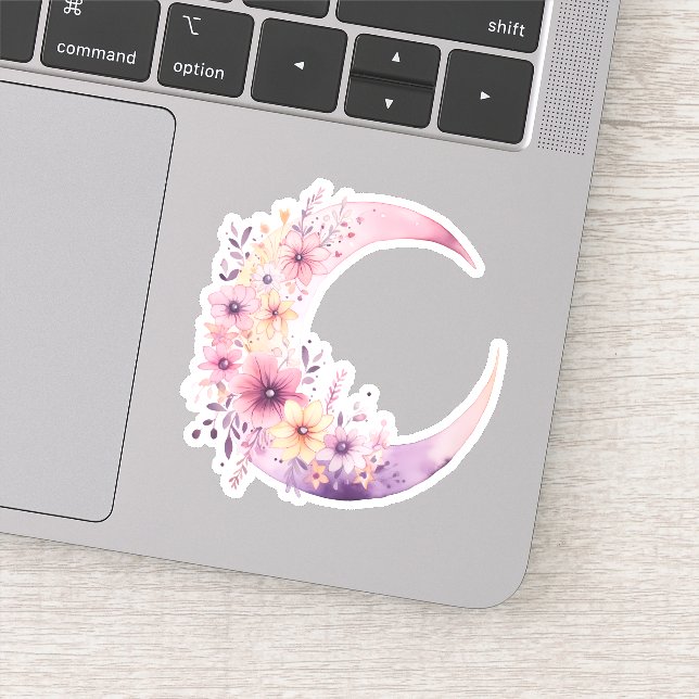 Pink Crescent Moon with Pretty Flowers Sticker (Detail)